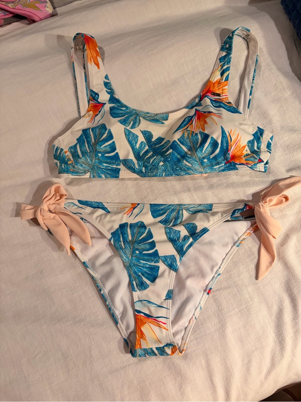 Roxy Tropical Leaf Bikini Set - White, Teal & Orange